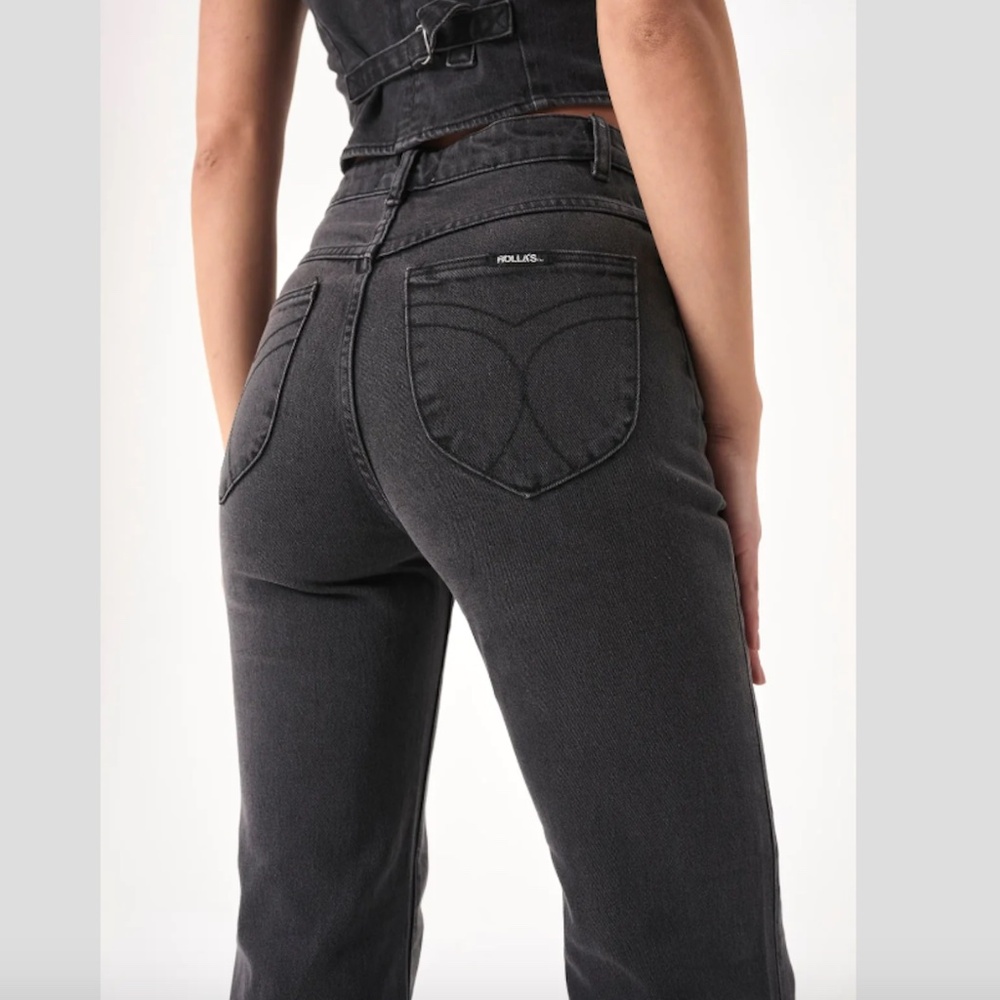 Rollas Eastcoast Flare Wide Leg Crop Jeans Womens Vintage Washed Black - Picture 2 of 13